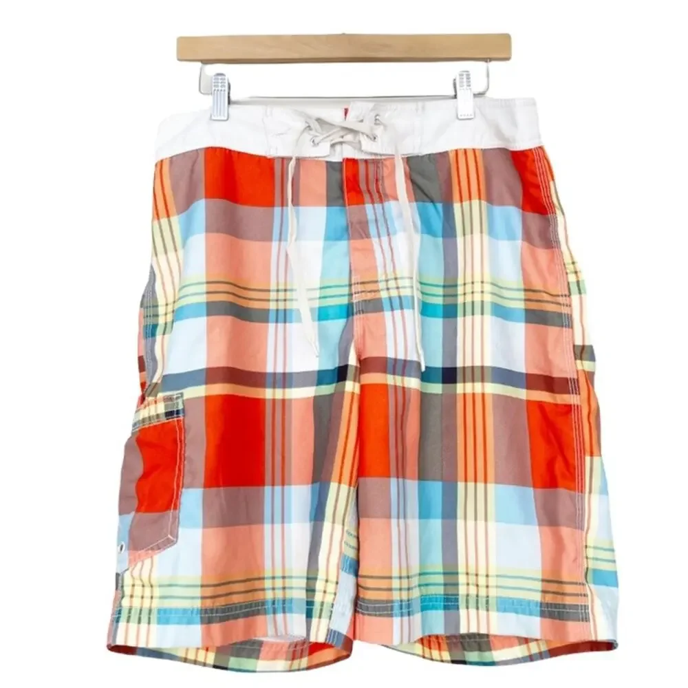 American Eagle Orange Plaid Bathing Suit Swim Trunks Sz M